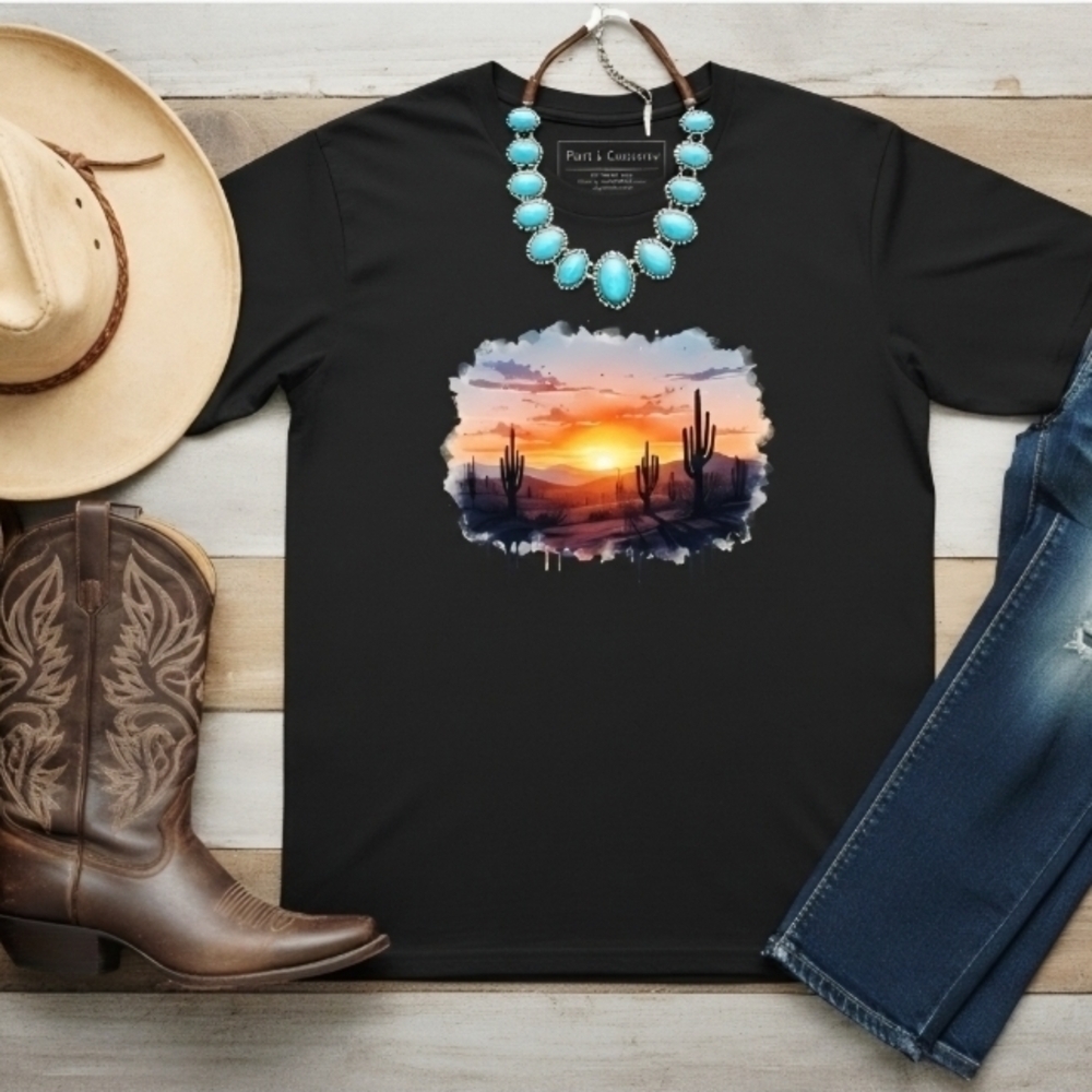 Desert Dreams Cactus Sunset Tee • Western Boho Graphic T‑Shirt • Southwestern